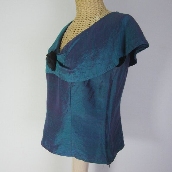Vtg Karen Warren Women 6 Blue Silk Sleeveless Top Shirt Iridescent Rosette  S - Picture 5 of 6